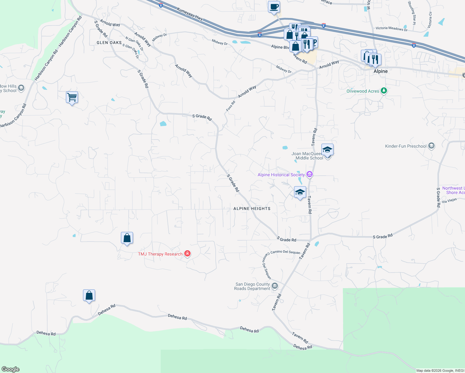 map of restaurants, bars, coffee shops, grocery stores, and more near 1414 South Grade Road in Alpine