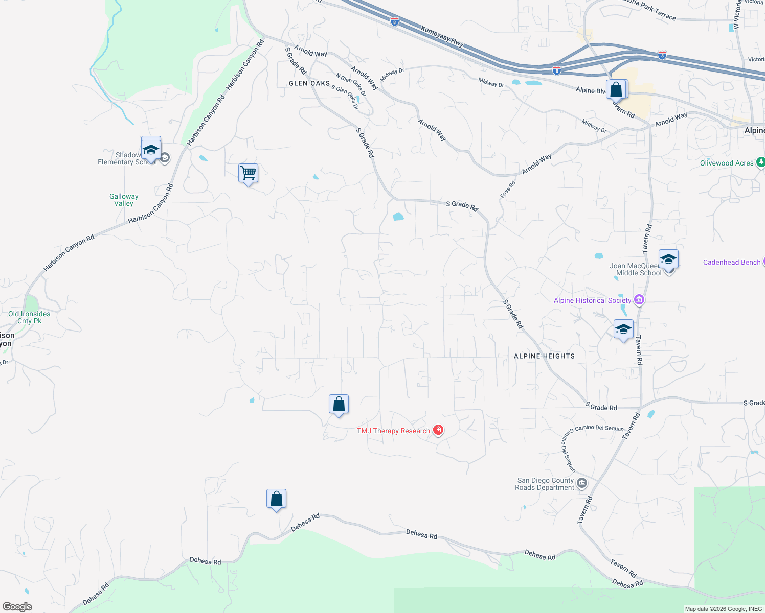 map of restaurants, bars, coffee shops, grocery stores, and more near Lilac Lane in Alpine