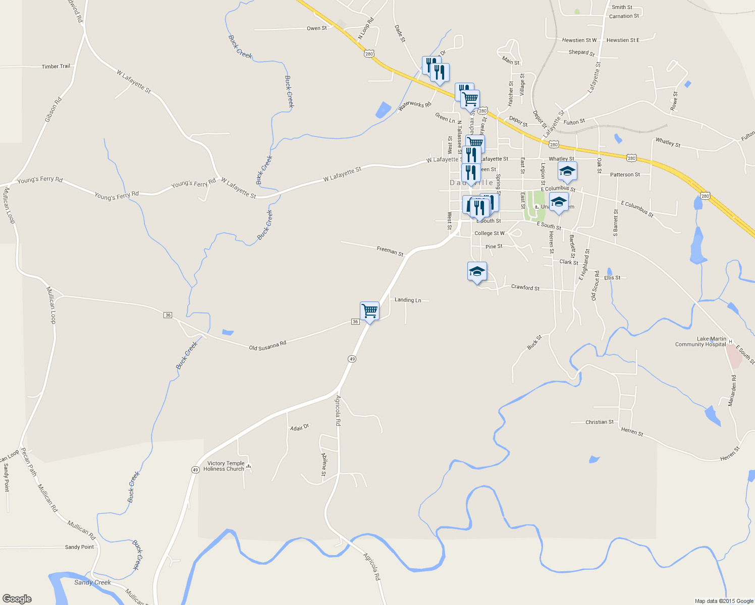 map of restaurants, bars, coffee shops, grocery stores, and more near 860 South Tallassee Street in Dadeville