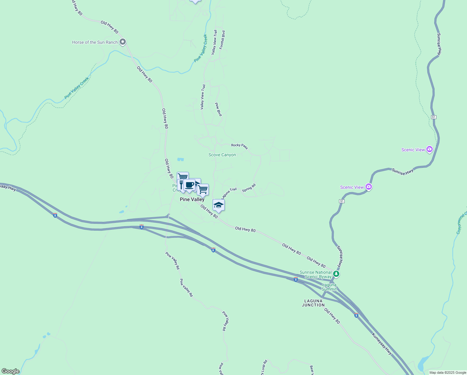 map of restaurants, bars, coffee shops, grocery stores, and more near 28982 Cedar Lane in Pine Valley