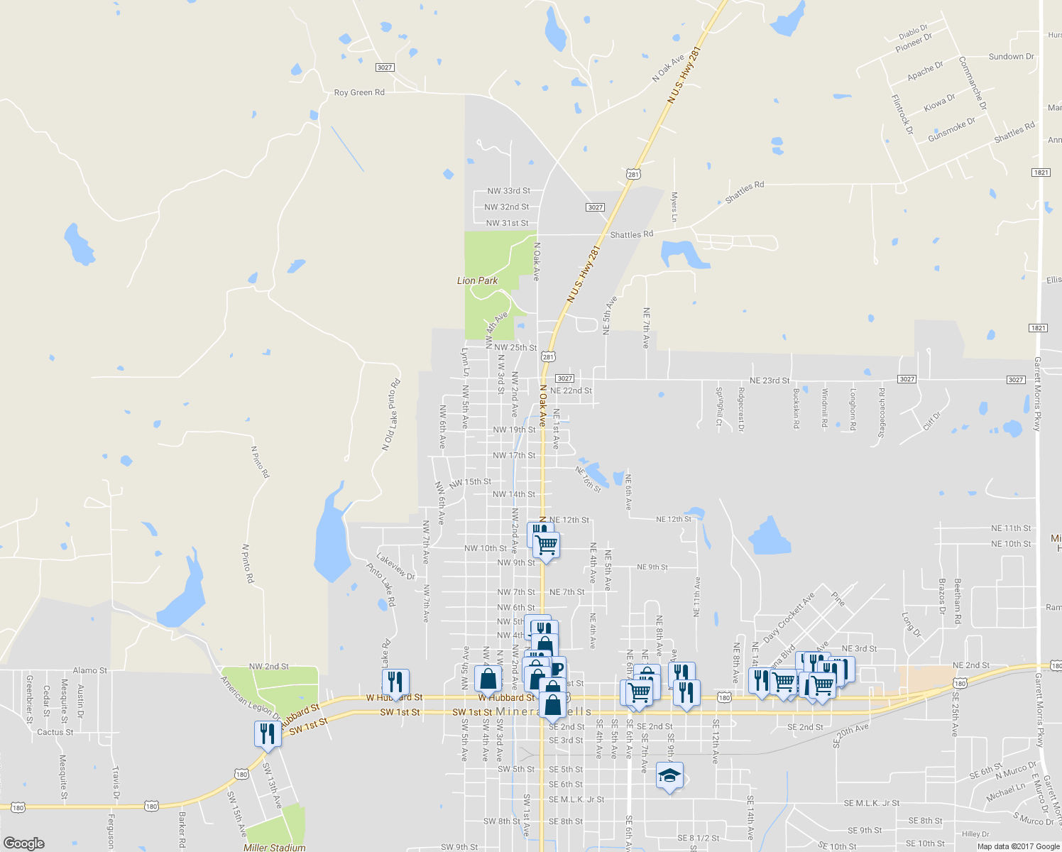 map of restaurants, bars, coffee shops, grocery stores, and more near 112 Northwest 19th Street in Mineral Wells