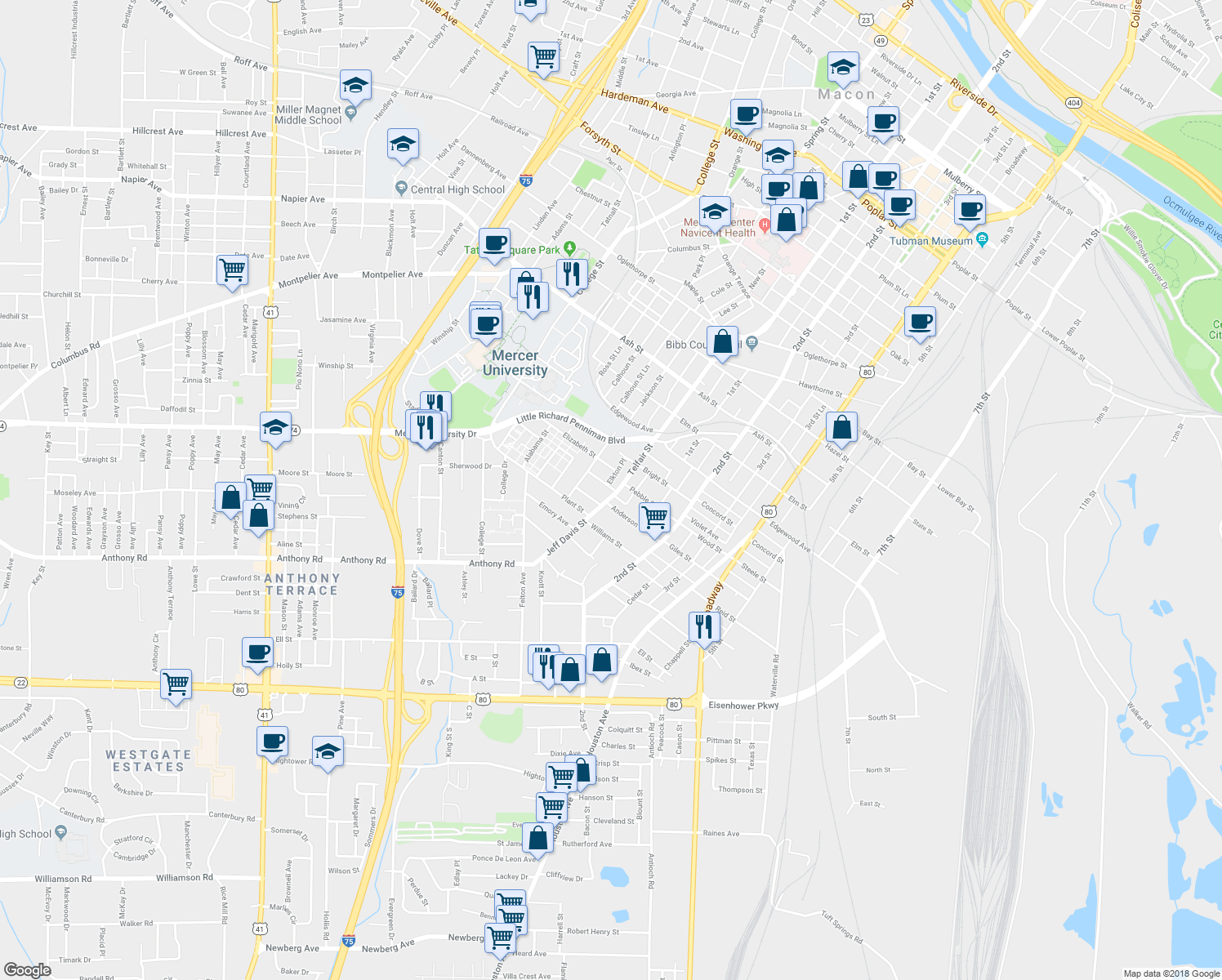 map of restaurants, bars, coffee shops, grocery stores, and more near 1759 Telfair Street in Macon