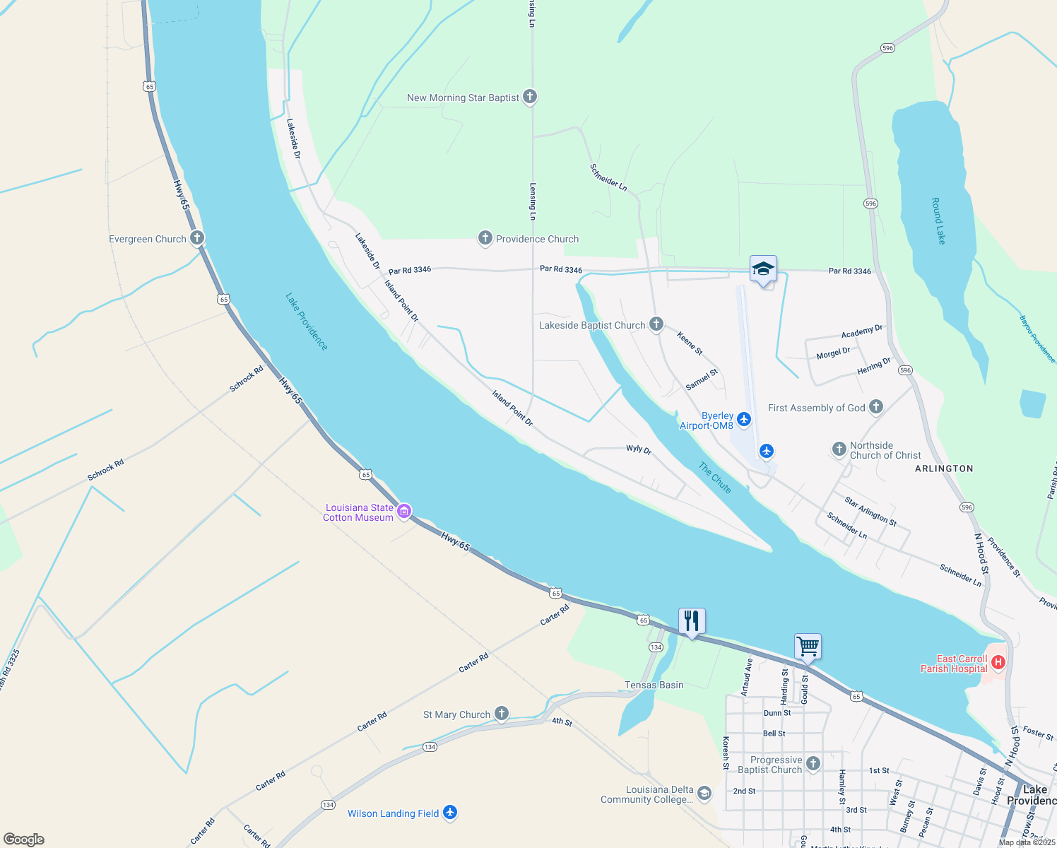 map of restaurants, bars, coffee shops, grocery stores, and more near 1740 Island Point Drive in Lake Providence