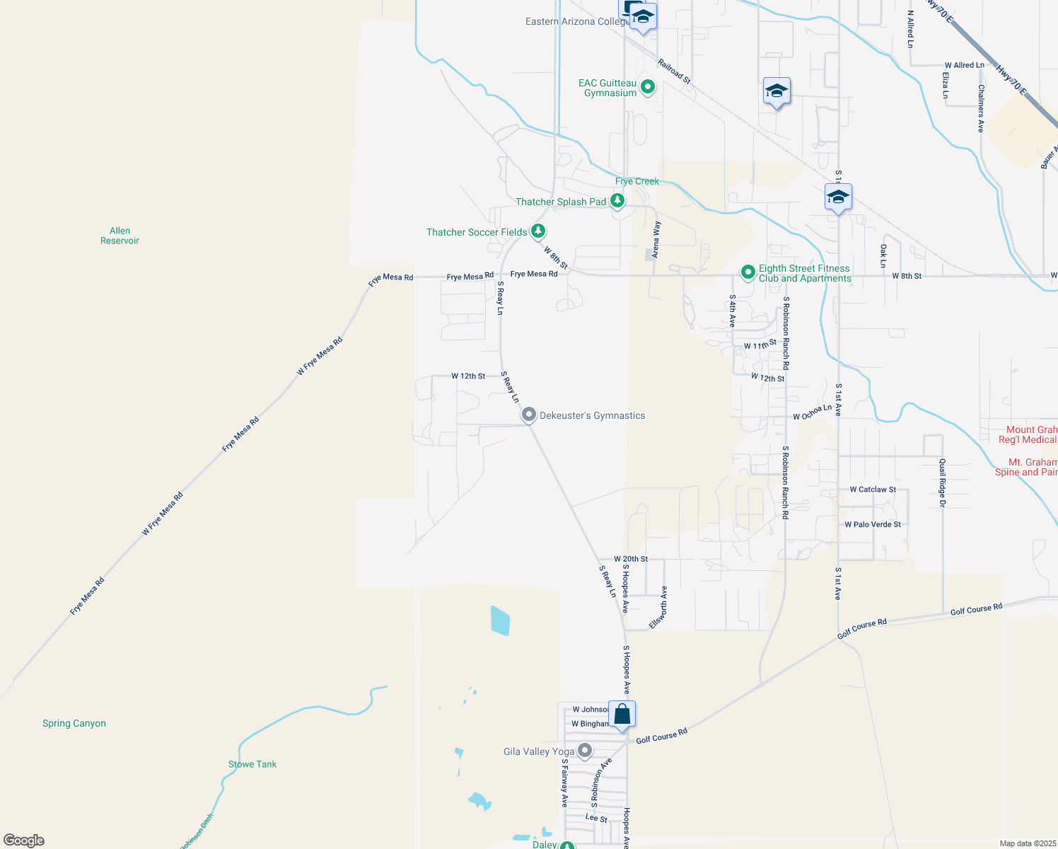 map of restaurants, bars, coffee shops, grocery stores, and more near South Reay Lane in Thatcher