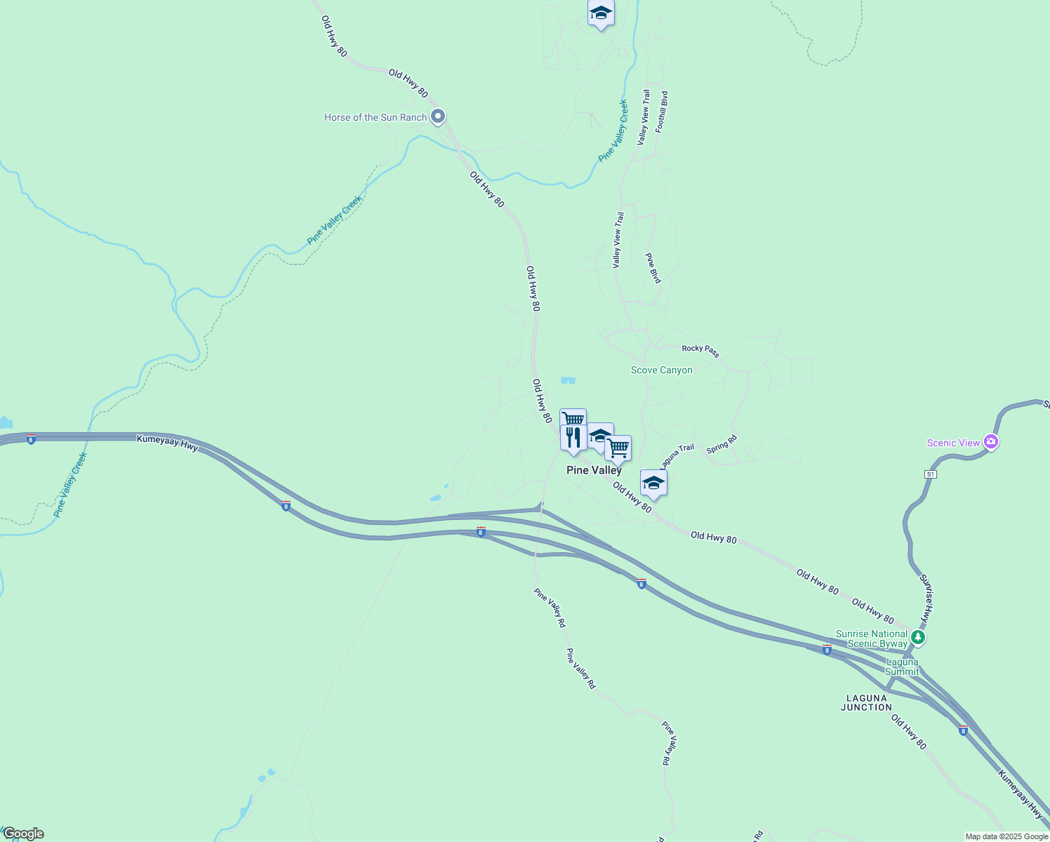 map of restaurants, bars, coffee shops, grocery stores, and more near 7655 Deodar Trail in Pine Valley