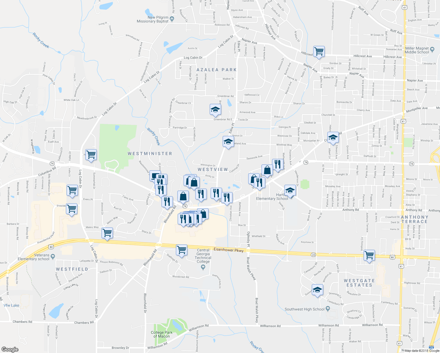 map of restaurants, bars, coffee shops, grocery stores, and more near 1610 Edna Place in Macon