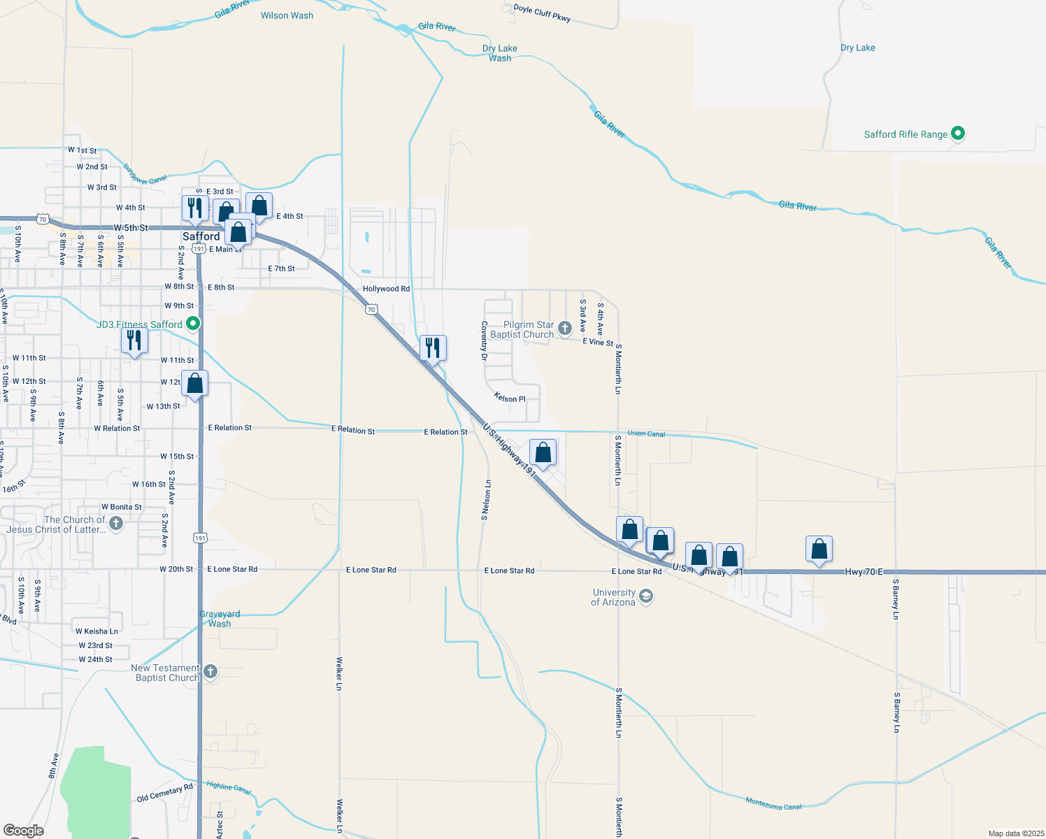 map of restaurants, bars, coffee shops, grocery stores, and more near 1394 S Roper Ln in Safford