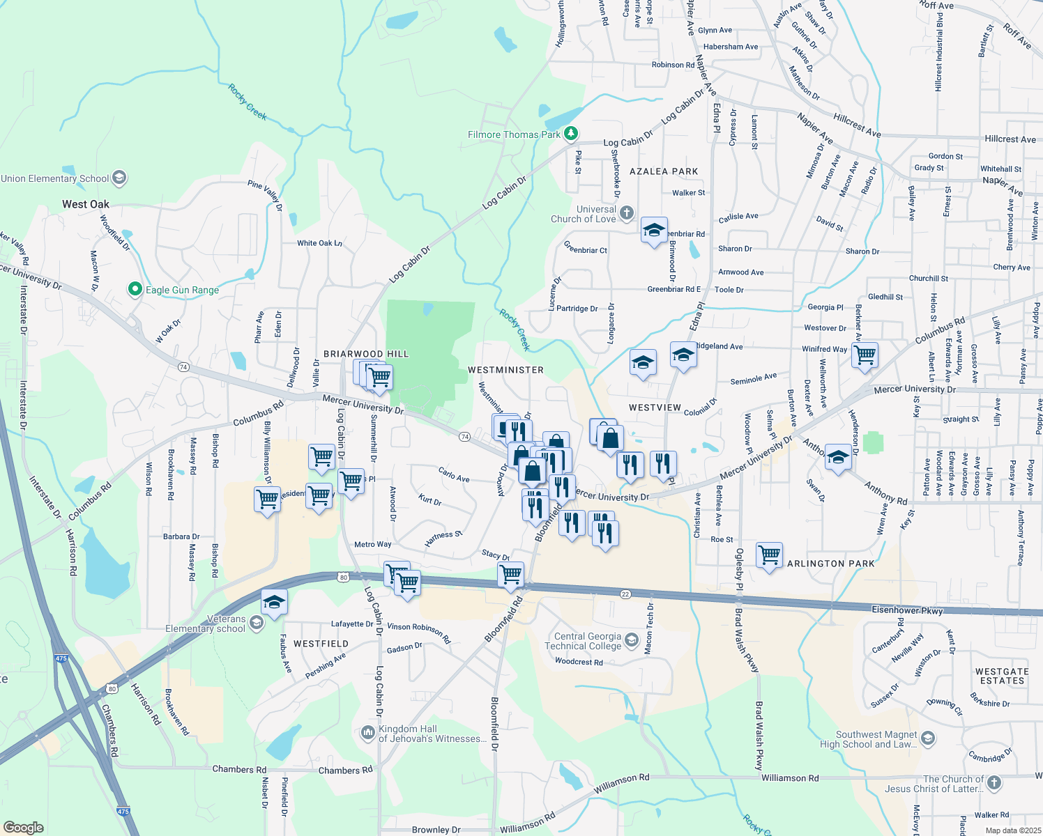 map of restaurants, bars, coffee shops, grocery stores, and more near 1557 North Atwood Drive in Macon