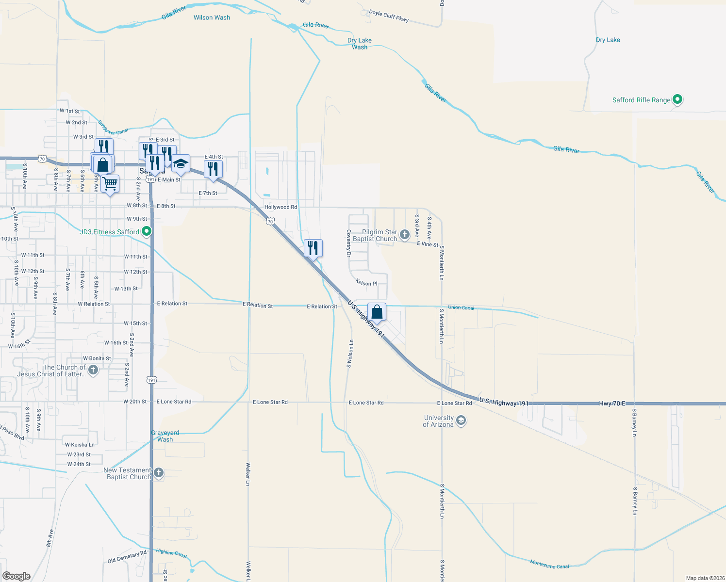 map of restaurants, bars, coffee shops, grocery stores, and more near 1354 S Kuhni Ct in Safford