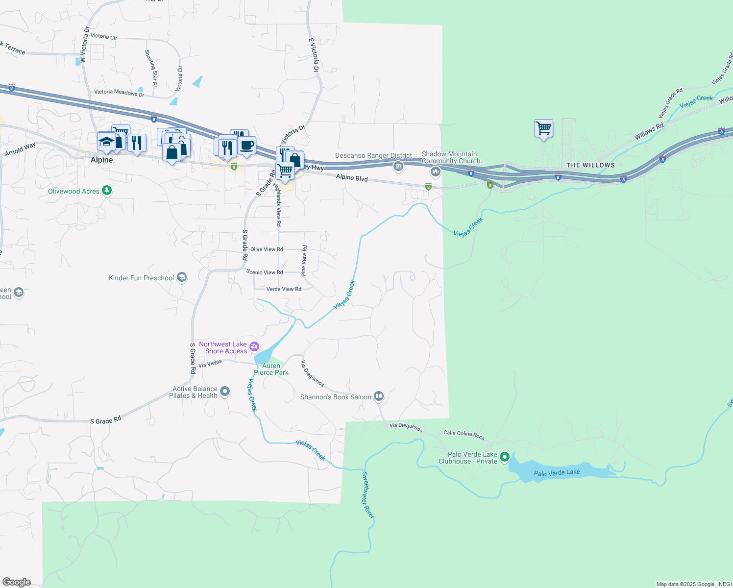 map of restaurants, bars, coffee shops, grocery stores, and more near Dehesa Road in Alpine