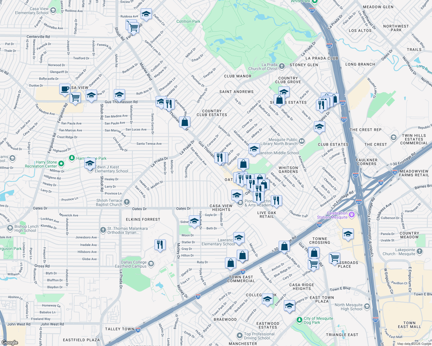 map of restaurants, bars, coffee shops, grocery stores, and more near 4538 San Marcus Drive in Mesquite