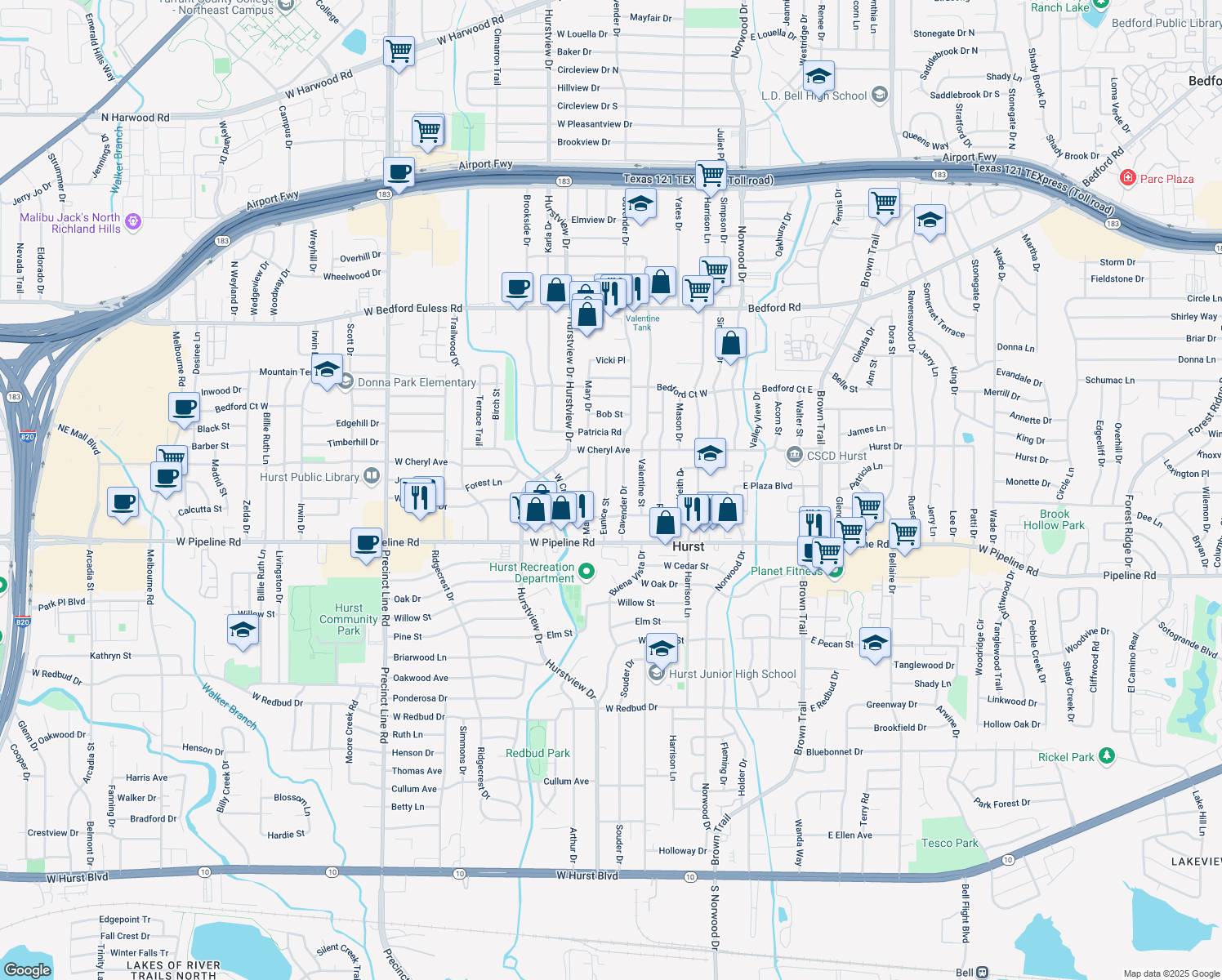 map of restaurants, bars, coffee shops, grocery stores, and more near 1016 Eunice Street in Hurst
