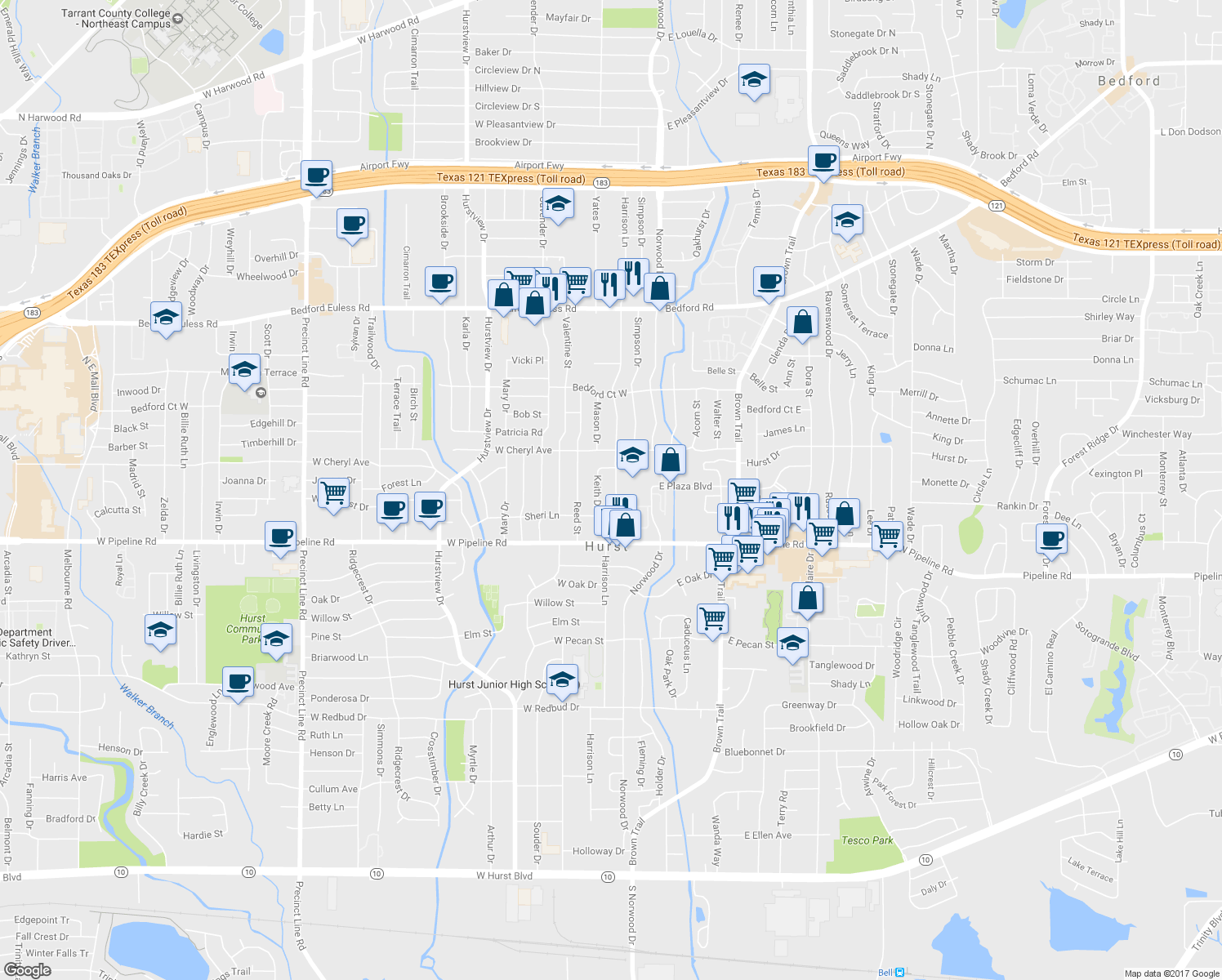 map of restaurants, bars, coffee shops, grocery stores, and more near 1021 Harrison Lane in Hurst