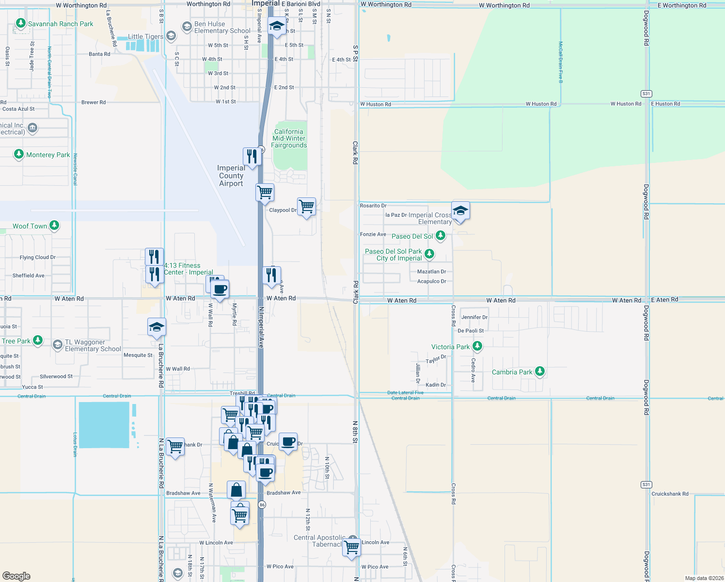 map of restaurants, bars, coffee shops, grocery stores, and more near 2406 Clark Road in Imperial