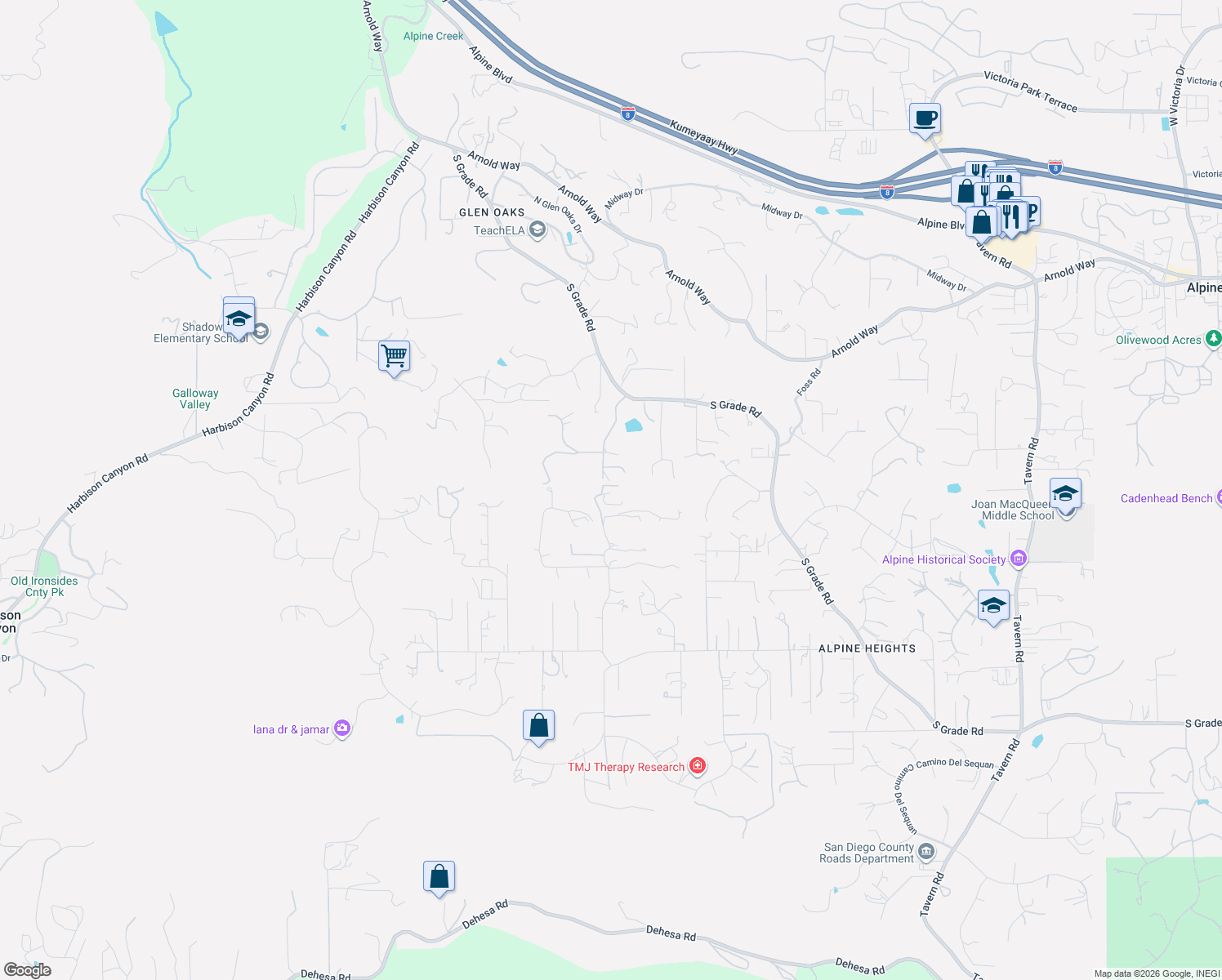 map of restaurants, bars, coffee shops, grocery stores, and more near 1815 Lilac Lane in Alpine