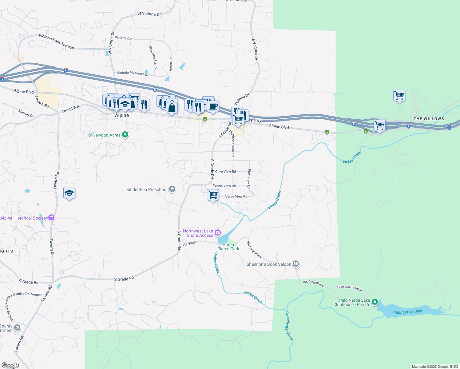 map of restaurants, bars, coffee shops, grocery stores, and more near 2894 Scenic View Road in Alpine