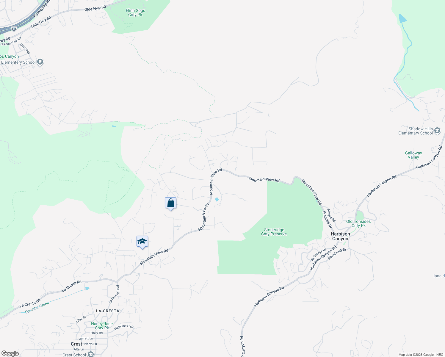 map of restaurants, bars, coffee shops, grocery stores, and more near 1250 Mountain View Road in El Cajon