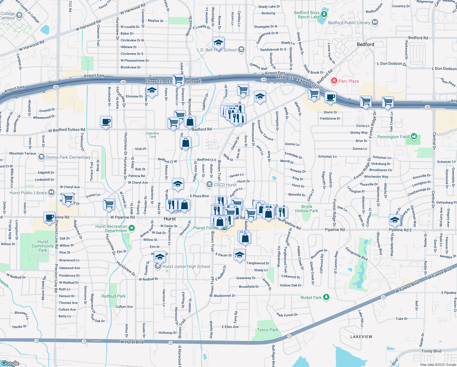 map of restaurants, bars, coffee shops, grocery stores, and more near 904 Glenda Dr in Bedford