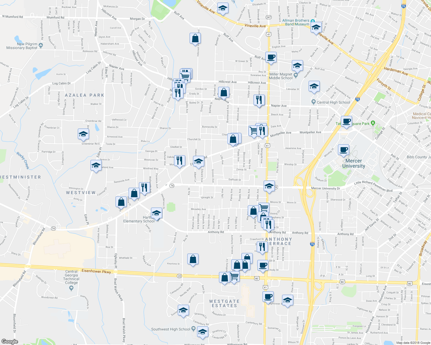 map of restaurants, bars, coffee shops, grocery stores, and more near 284 Grosso Avenue in Macon
