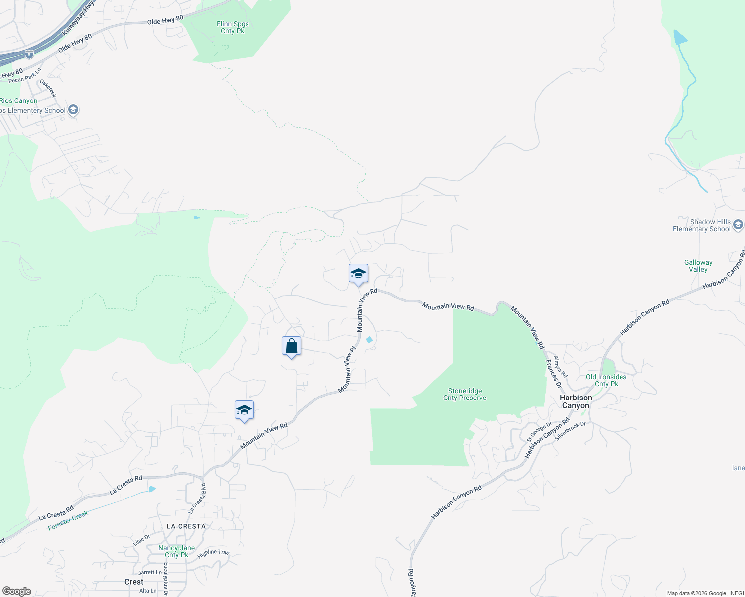 map of restaurants, bars, coffee shops, grocery stores, and more near 1250 Mountain View Road in El Cajon