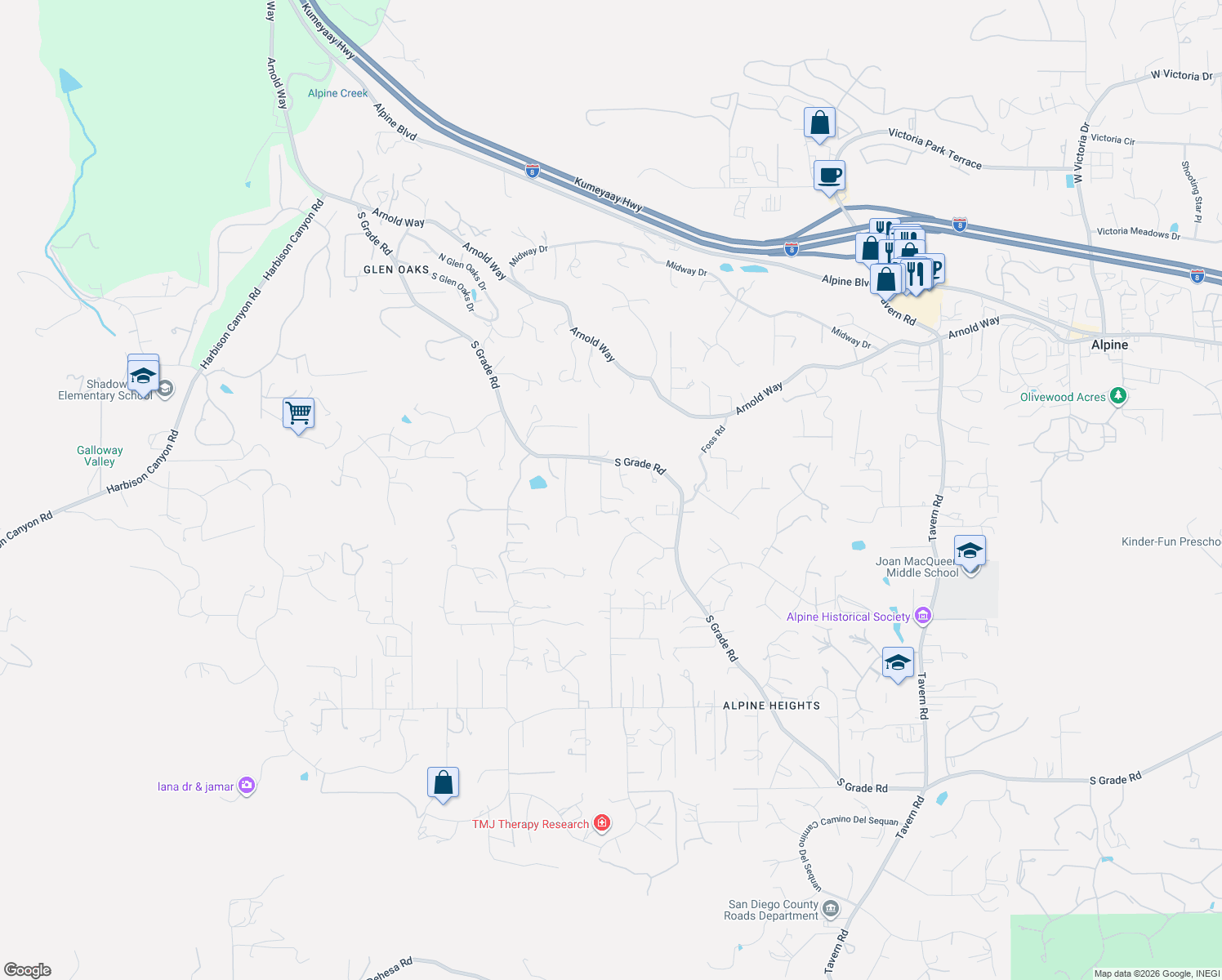 map of restaurants, bars, coffee shops, grocery stores, and more near 1737 Adrian Court in Alpine