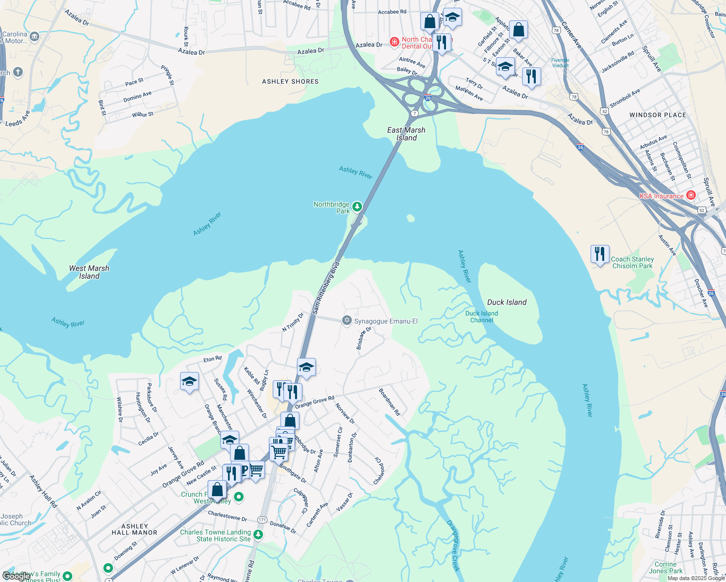 map of restaurants, bars, coffee shops, grocery stores, and more near 7 Leichester Road in Charleston