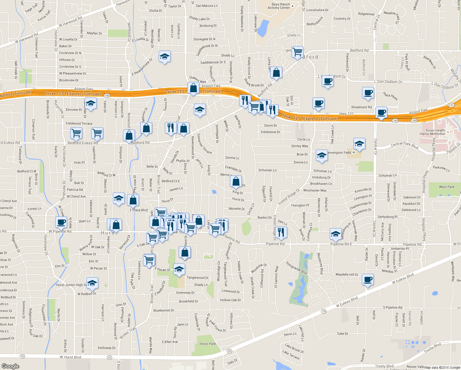 map of restaurants, bars, coffee shops, grocery stores, and more near 608 Annette Drive in Bedford