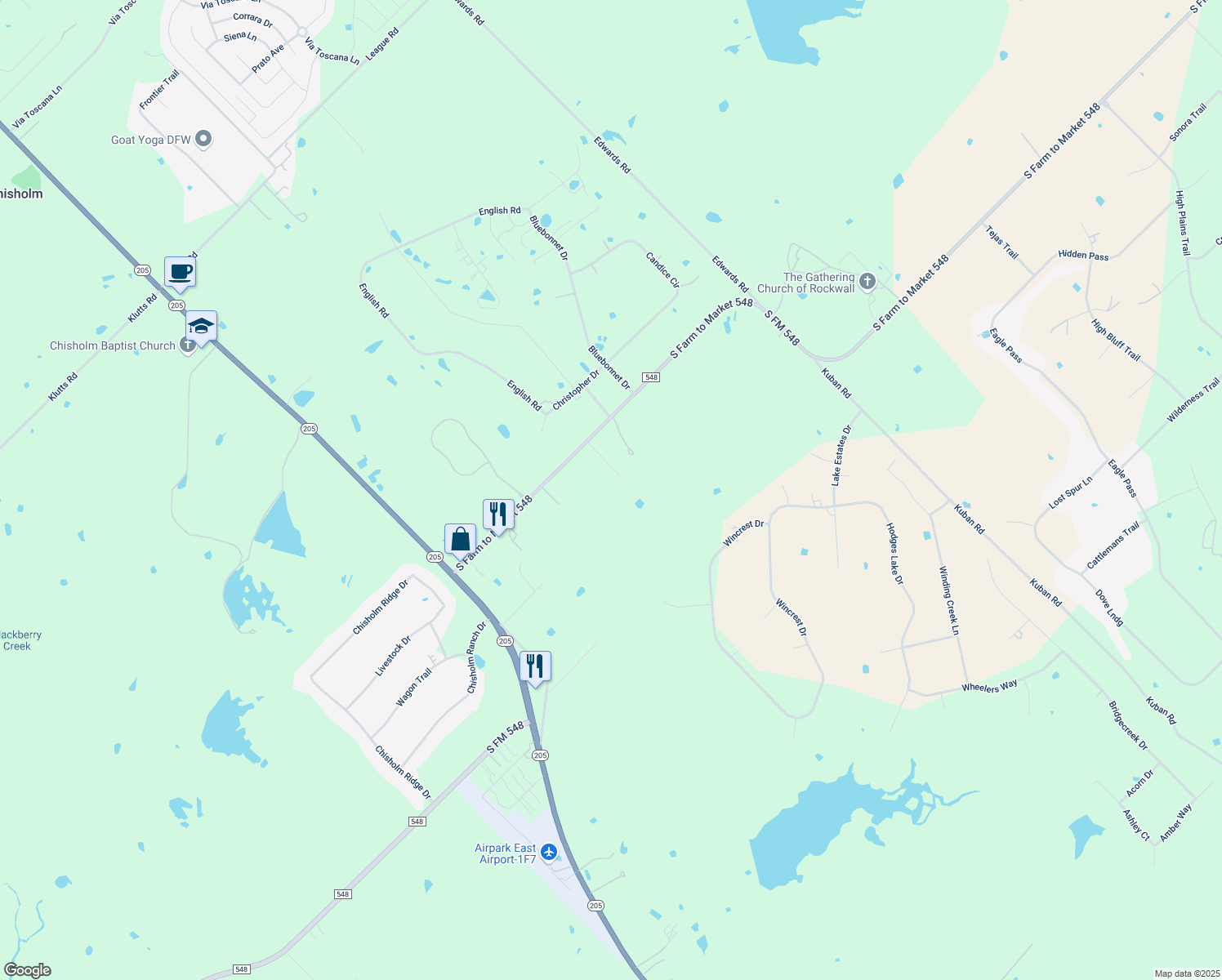 map of restaurants, bars, coffee shops, grocery stores, and more near 14341 Farm to Market 548 in Rockwall