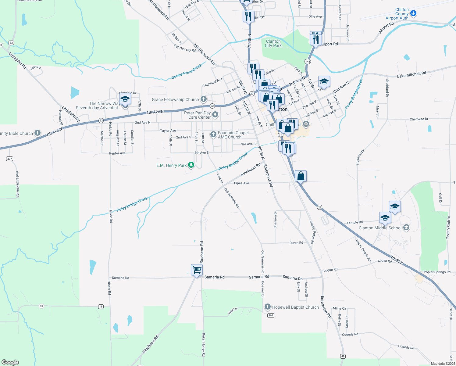 map of restaurants, bars, coffee shops, grocery stores, and more near 1153 Pipes Ave in Clanton