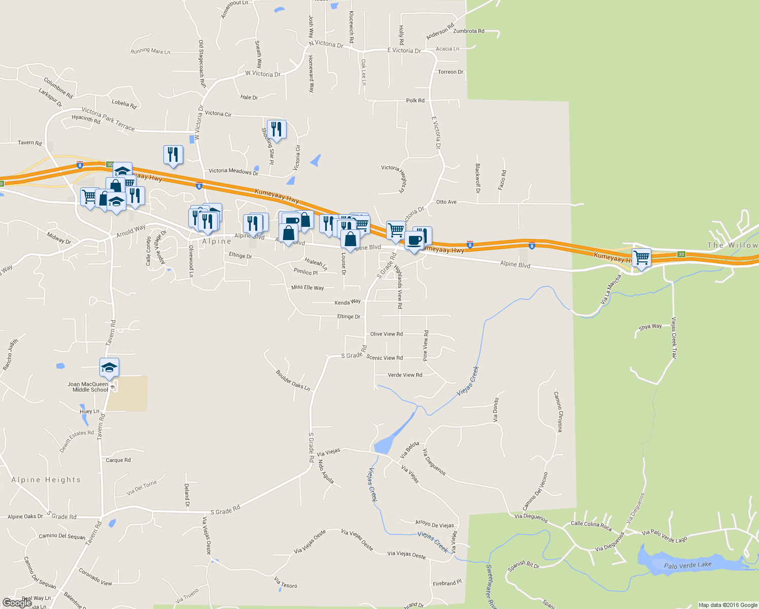 map of restaurants, bars, coffee shops, grocery stores, and more near 2859 Manzanita View Road in Alpine