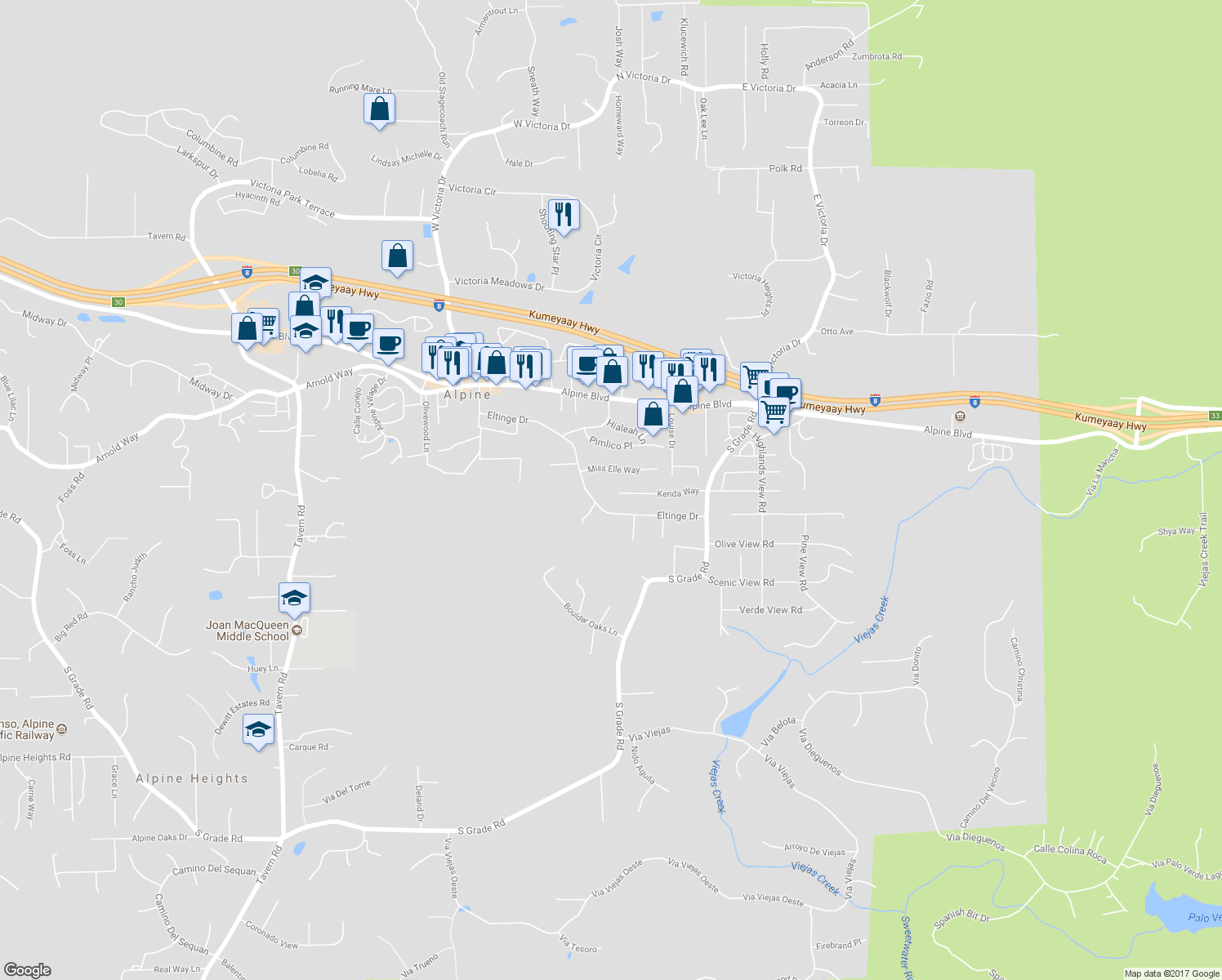 map of restaurants, bars, coffee shops, grocery stores, and more near 2410 Kenda Way in Alpine