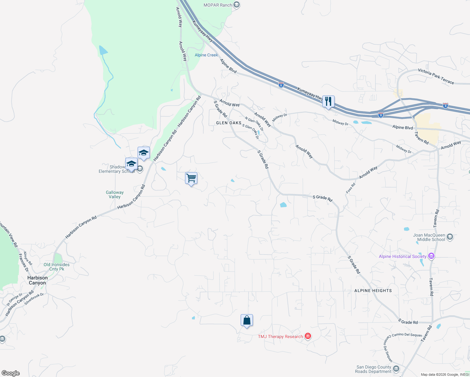 map of restaurants, bars, coffee shops, grocery stores, and more near 1740 La Force Road in Alpine