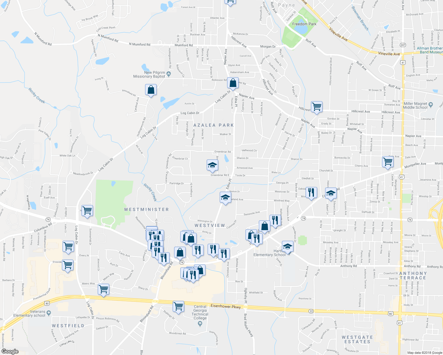 map of restaurants, bars, coffee shops, grocery stores, and more near 3458 Greenbriar Road East in Macon