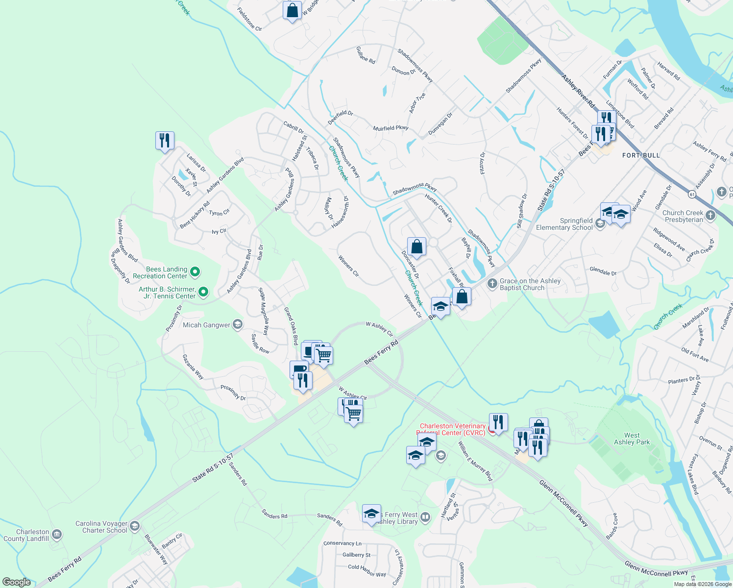 map of restaurants, bars, coffee shops, grocery stores, and more near 3160 Winners Circle in Charleston