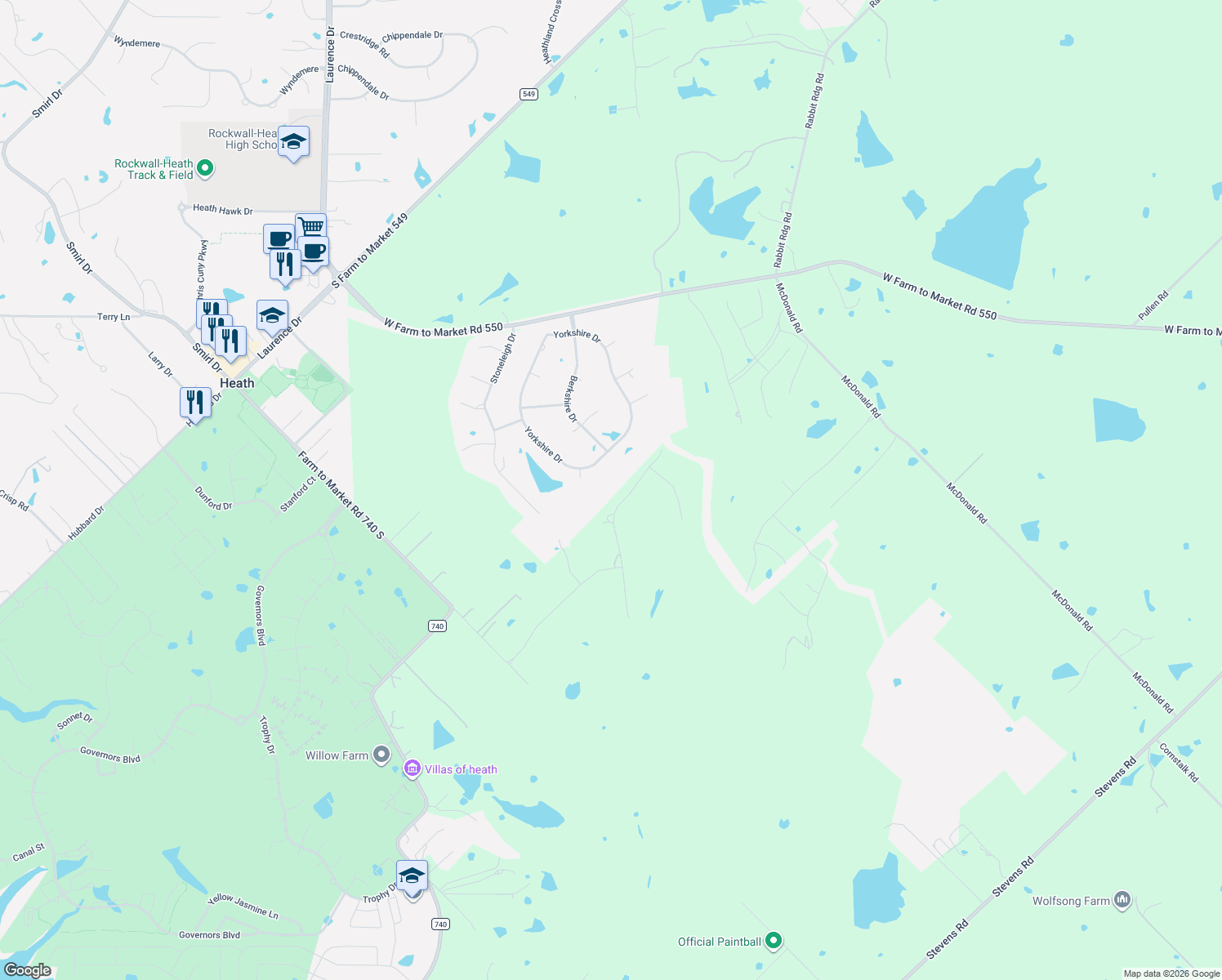 map of restaurants, bars, coffee shops, grocery stores, and more near 346 Ridge Point Drive in Forney