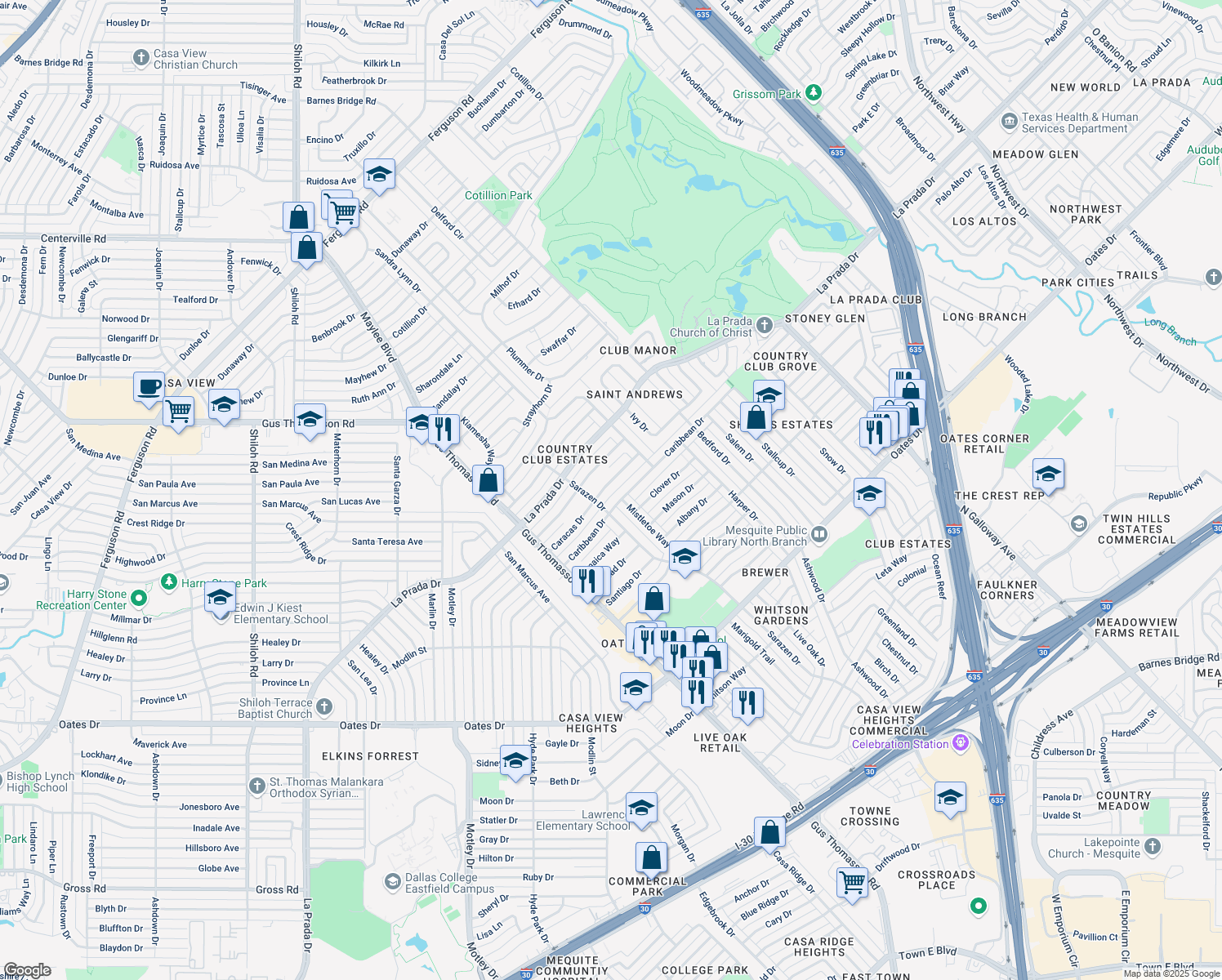 map of restaurants, bars, coffee shops, grocery stores, and more near 3338 Caracas Drive in Mesquite