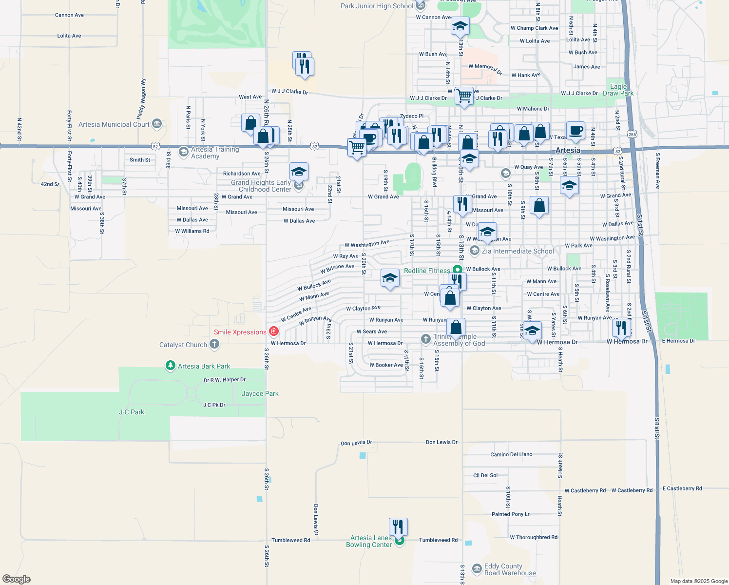 map of restaurants, bars, coffee shops, grocery stores, and more near 1083 South 20th Street in Artesia