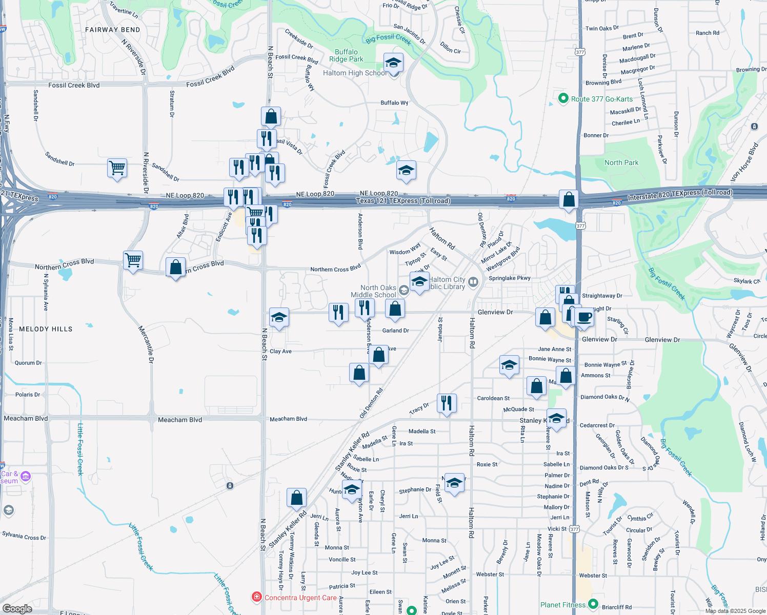 map of restaurants, bars, coffee shops, grocery stores, and more near 4805 Colonial Park Drive in Haltom City