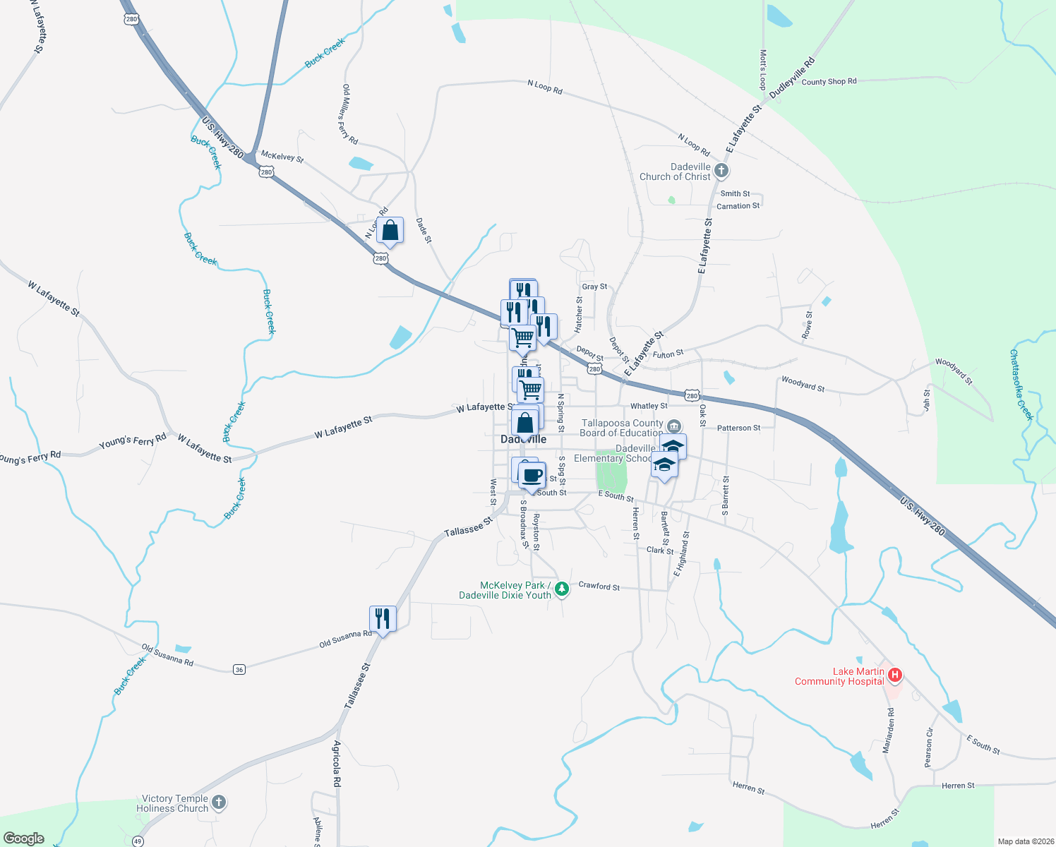 map of restaurants, bars, coffee shops, grocery stores, and more near 242 North Broadnax Street in Dadeville