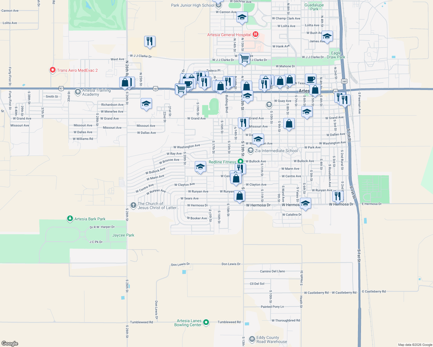 map of restaurants, bars, coffee shops, grocery stores, and more near 1105 S 17th St in Artesia