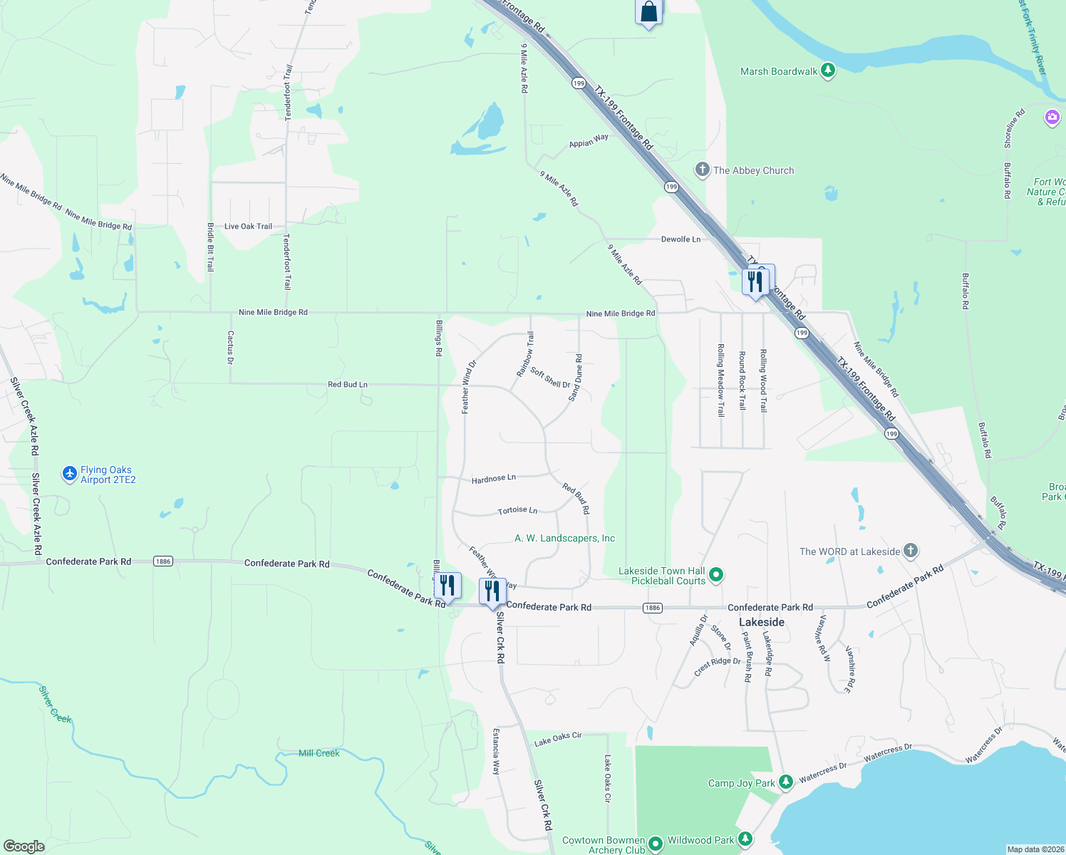 map of restaurants, bars, coffee shops, grocery stores, and more near 6517 Red Bud Road in Lakeside