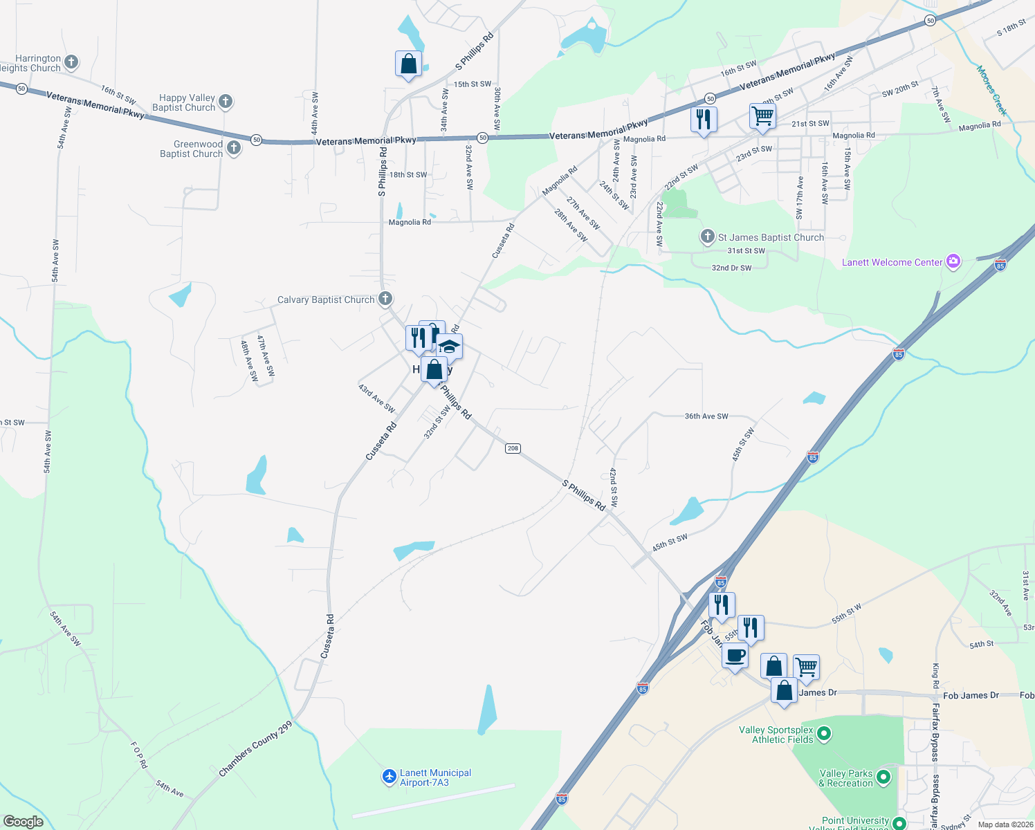 map of restaurants, bars, coffee shops, grocery stores, and more near 3454 39th Avenue Southwest in Lanett