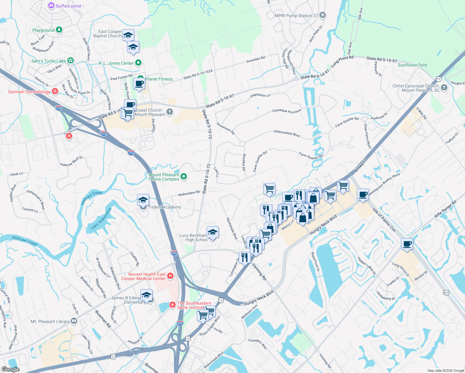 map of restaurants, bars, coffee shops, grocery stores, and more near 926 Law Lane in Mount Pleasant