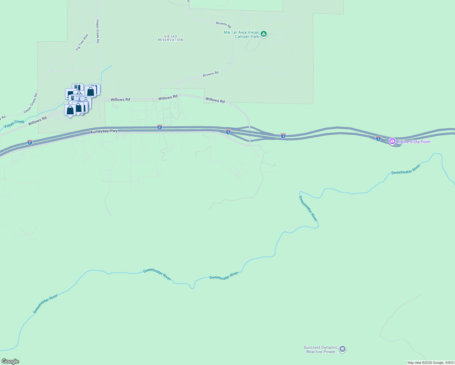 map of restaurants, bars, coffee shops, grocery stores, and more near 1648 Farlin Road in Alpine