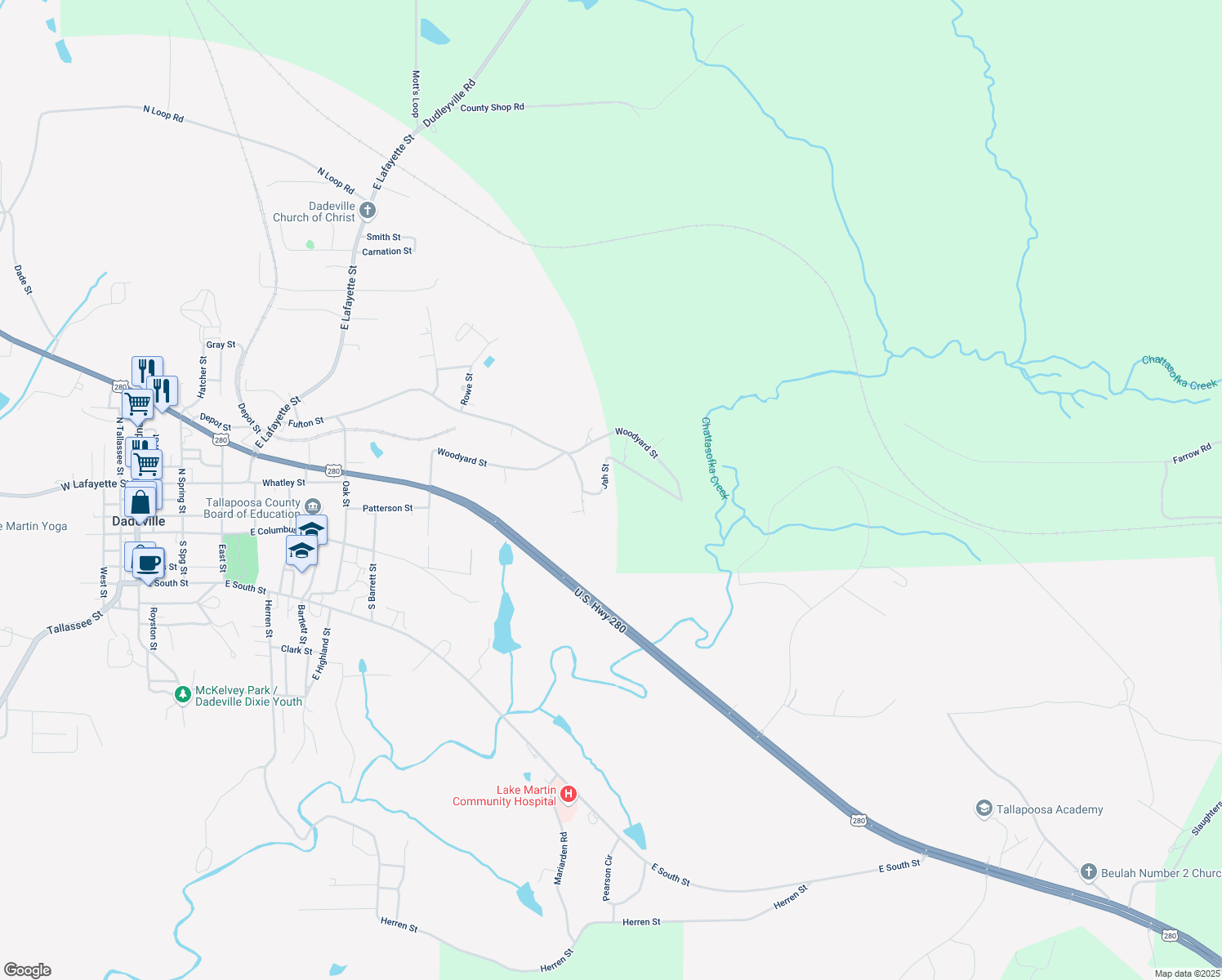 map of restaurants, bars, coffee shops, grocery stores, and more near 223 Jah Street in Dadeville