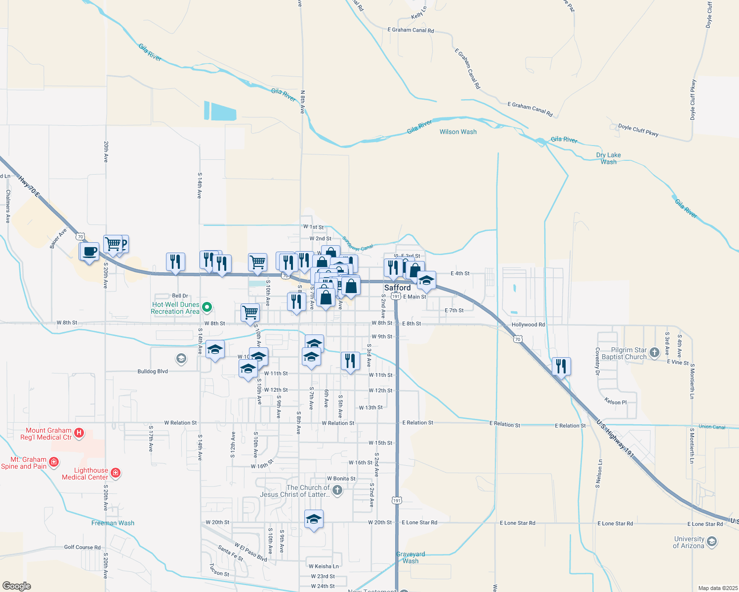 map of restaurants, bars, coffee shops, grocery stores, and more near 599 South 3rd Avenue in Safford