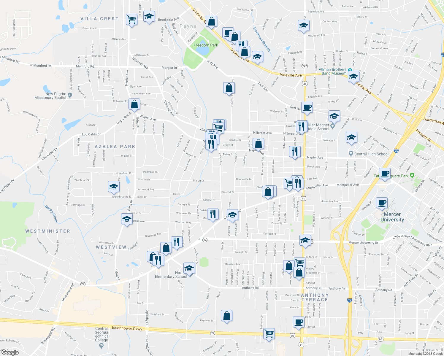 map of restaurants, bars, coffee shops, grocery stores, and more near 1288 Bailey Avenue in Macon