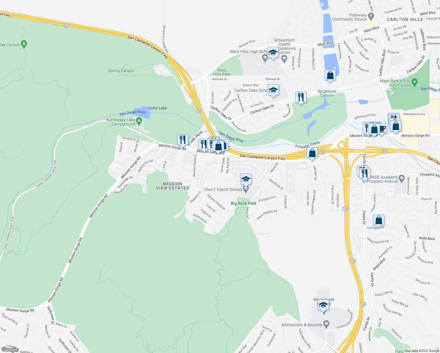 map of restaurants, bars, coffee shops, grocery stores, and more near 8632 Big Rock Road in Santee