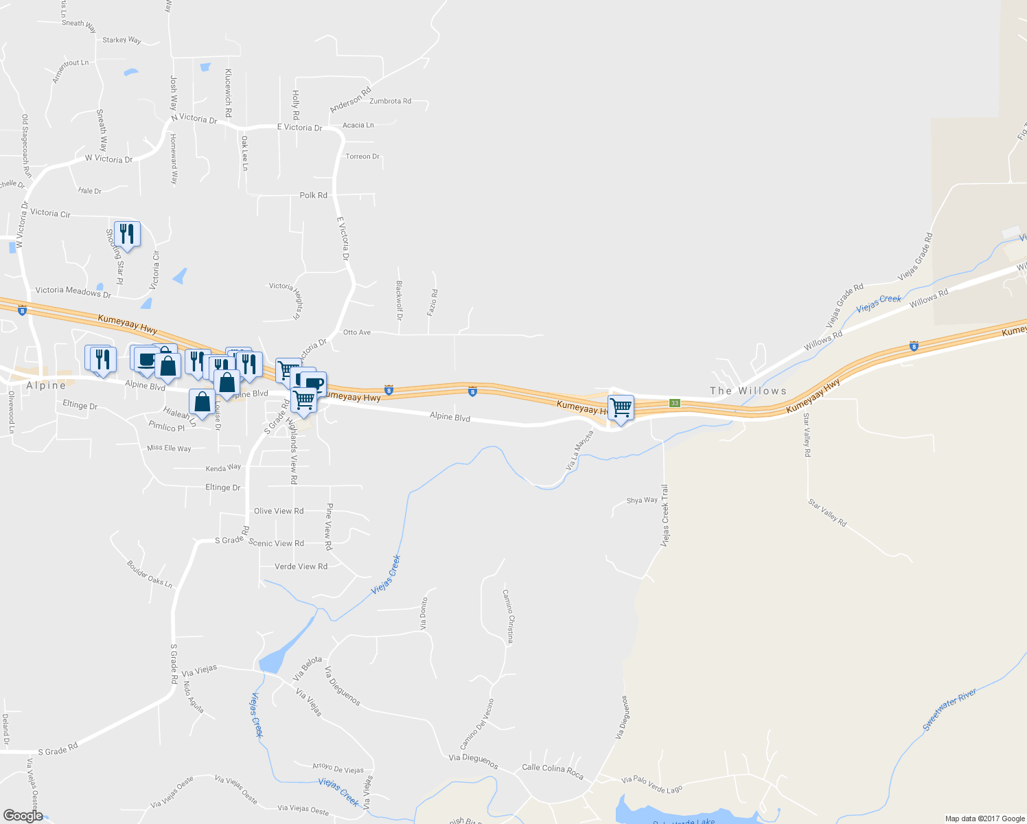 map of restaurants, bars, coffee shops, grocery stores, and more near 3520 Alpine Boulevard in Alpine