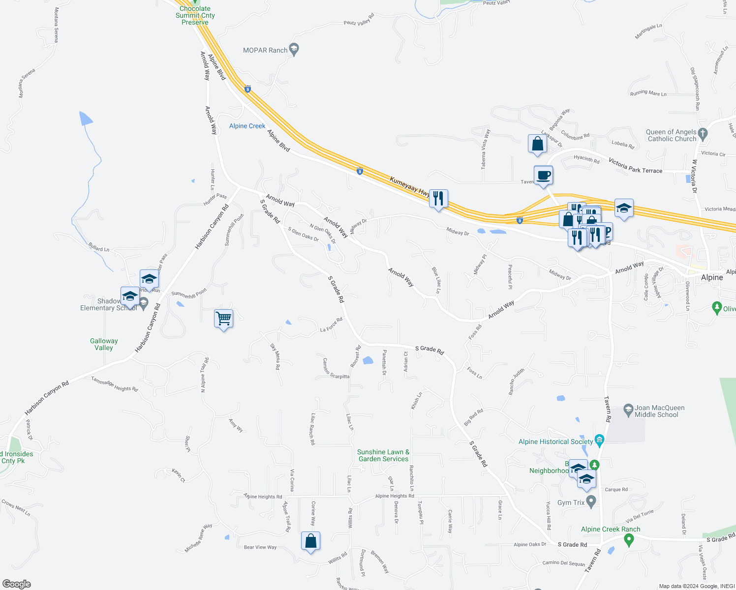 map of restaurants, bars, coffee shops, grocery stores, and more near 770 South Grade Road in Alpine